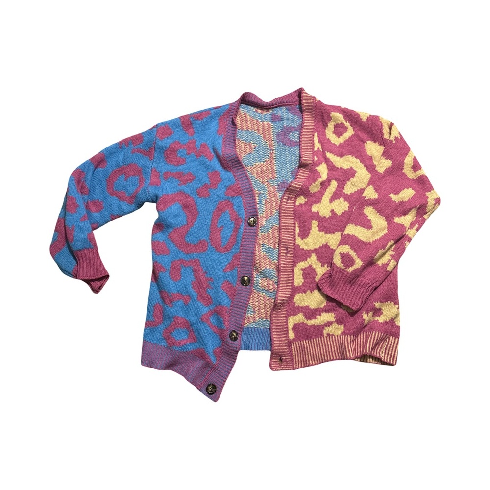 Unique Colorful Pink Blue Purple Leopard Print Cardigan Sweater | Size XL